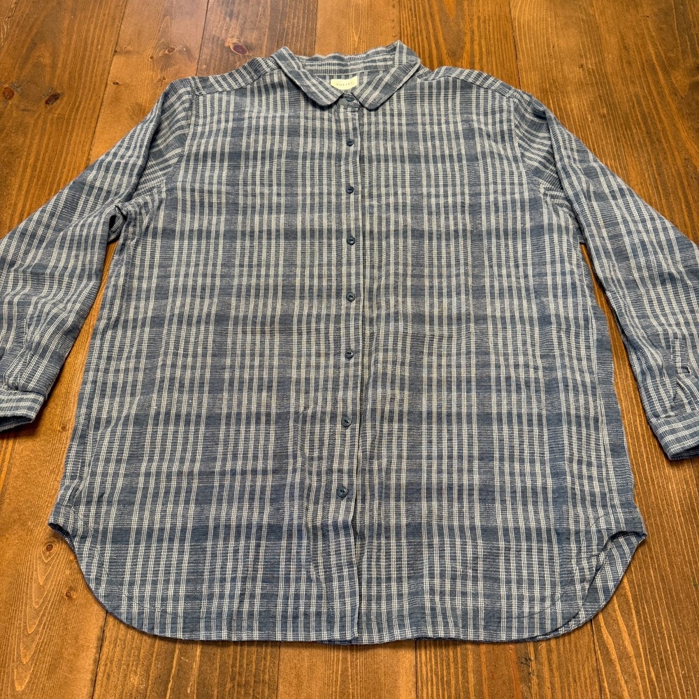 Poetry Button‎ Up Shirts Womens Size 14 Blue Plaid Hemp Long Sleeve Cottagecore